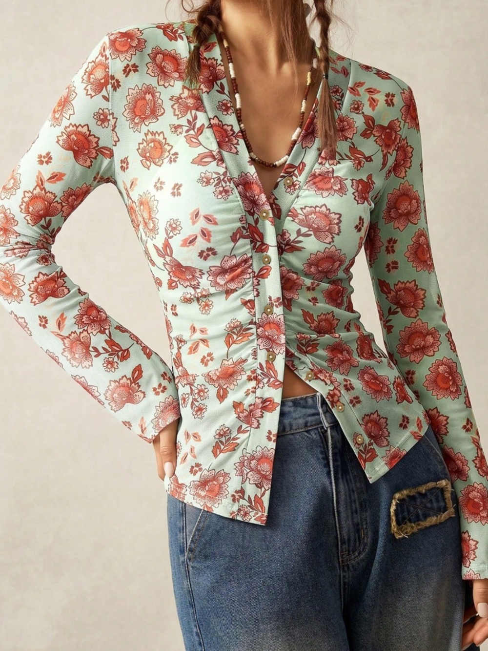 Boho Floral Print Button Down Slim fit Semi Sheer Long Sleeve Top - Picture 3 of 5